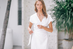 Elegant Wrap-Style Midi Dress in Pure Linen with Cap Sleeves and Waist Tie