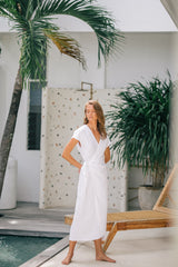 Elegant Wrap-Style Midi Dress in Pure Linen with Cap Sleeves and Waist Tie