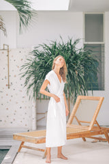 Elegant Wrap-Style Midi Dress in Pure Linen with Cap Sleeves and Waist Tie