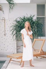 Elegant Wrap-Style Midi Dress in Pure Linen with Cap Sleeves and Waist Tie