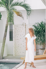 Elegant Wrap-Style Midi Dress in Pure Linen with Cap Sleeves and Waist Tie