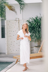 Elegant Wrap-Style Midi Dress in Pure Linen with Cap Sleeves and Waist Tie