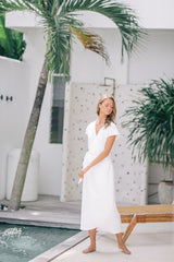 Elegant Wrap-Style Midi Dress in Pure Linen with Cap Sleeves and Waist Tie