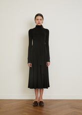 Cotton Midi Dress with Long Sleeves, High Neckline, and Draped Waist Tie for Elegant Fit