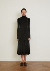 Cotton Midi Dress with Long Sleeves, High Neckline, and Draped Waist Tie for Elegant Fit