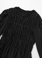 Elegant Long-Sleeve Linen Dress with Flowy A-Line Silhouette and Feminine Draped Bodice