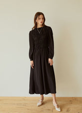 Elegant Long-Sleeve Linen Dress with Flowy A-Line Silhouette and Feminine Draped Bodice