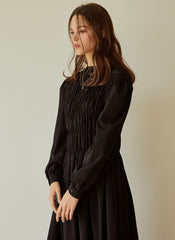 Elegant Long-Sleeve Linen Dress with Flowy A-Line Silhouette and Feminine Draped Bodice