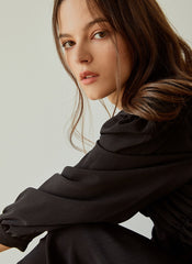 Elegant Long-Sleeve Linen Dress with Flowy A-Line Silhouette and Feminine Draped Bodice