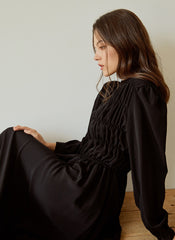 Elegant Long-Sleeve Linen Dress with Flowy A-Line Silhouette and Feminine Draped Bodice