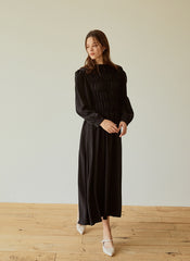 Elegant Long-Sleeve Linen Dress with Flowy A-Line Silhouette and Feminine Draped Bodice