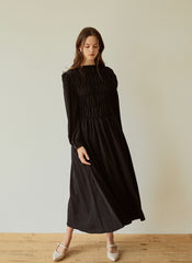 Elegant Long-Sleeve Linen Dress with Flowy A-Line Silhouette and Feminine Draped Bodice