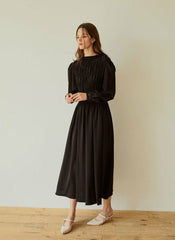 Elegant Long-Sleeve Linen Dress with Flowy A-Line Silhouette and Feminine Draped Bodice