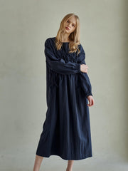 Gathered Linen Long Sleeve Midi Dress with Elastic Cuffs and Relaxed Fit Silhouette