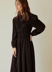Elegant Long-Sleeve Linen Dress with Flowy A-Line Silhouette and Feminine Draped Bodice