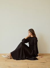Elegant Long-Sleeve Linen Dress with Flowy A-Line Silhouette and Feminine Draped Bodice