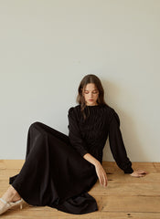 Elegant Long-Sleeve Linen Dress with Flowy A-Line Silhouette and Feminine Draped Bodice