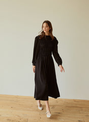 Elegant Long-Sleeve Linen Dress with Flowy A-Line Silhouette and Feminine Draped Bodice
