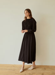 Elegant Long-Sleeve Linen Dress with Flowy A-Line Silhouette and Feminine Draped Bodice
