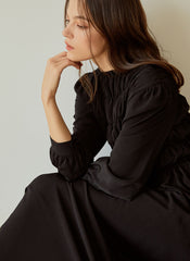 Elegant Long-Sleeve Linen Dress with Flowy A-Line Silhouette and Feminine Draped Bodice