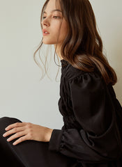 Elegant Long-Sleeve Linen Dress with Flowy A-Line Silhouette and Feminine Draped Bodice