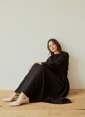 Elegant Long-Sleeve Linen Dress with Flowy A-Line Silhouette and Feminine Draped Bodice