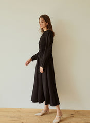 Elegant Long-Sleeve Linen Dress with Flowy A-Line Silhouette and Feminine Draped Bodice