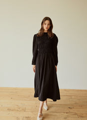 Elegant Long-Sleeve Linen Dress with Flowy A-Line Silhouette and Feminine Draped Bodice