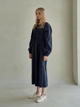Gathered Linen Long Sleeve Midi Dress with Elastic Cuffs and Relaxed Fit Silhouette