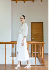 High-Waisted Linen Midi Skirt with Front Slit and Tailored Silhouette for Elegant Styling