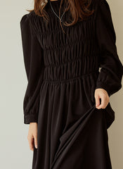 Elegant Long-Sleeve Linen Dress with Flowy A-Line Silhouette and Feminine Draped Bodice