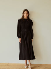 Elegant Long-Sleeve Linen Dress with Flowy A-Line Silhouette and Feminine Draped Bodice