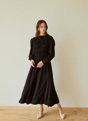 Elegant Long-Sleeve Linen Dress with Flowy A-Line Silhouette and Feminine Draped Bodice