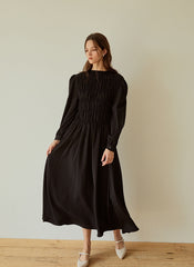 Elegant Long-Sleeve Linen Dress with Flowy A-Line Silhouette and Feminine Draped Bodice