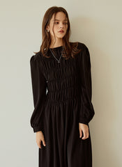 Elegant Long-Sleeve Linen Dress with Flowy A-Line Silhouette and Feminine Draped Bodice