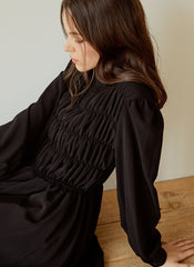 Elegant Long-Sleeve Linen Dress with Flowy A-Line Silhouette and Feminine Draped Bodice