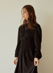 Elegant Long-Sleeve Linen Dress with Flowy A-Line Silhouette and Feminine Draped Bodice