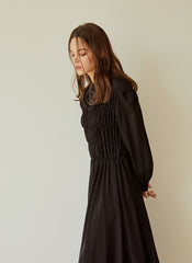 Elegant Long-Sleeve Linen Dress with Flowy A-Line Silhouette and Feminine Draped Bodice