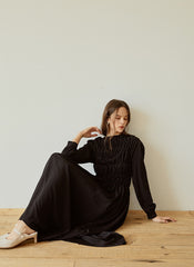 Elegant Long-Sleeve Linen Dress with Flowy A-Line Silhouette and Feminine Draped Bodice