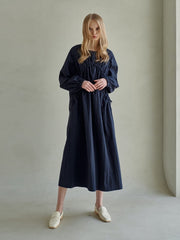 Gathered Linen Long Sleeve Midi Dress with Elastic Cuffs and Relaxed Fit Silhouette
