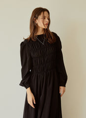 Elegant Long-Sleeve Linen Dress with Flowy A-Line Silhouette and Feminine Draped Bodice