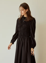 Elegant Long-Sleeve Linen Dress with Flowy A-Line Silhouette and Feminine Draped Bodice