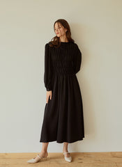 Elegant Long-Sleeve Linen Dress with Flowy A-Line Silhouette and Feminine Draped Bodice