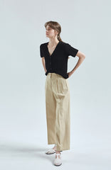 Short Sleeve Linen Knit Top with V-Neckline and Button Front for Elevated Everyday Style