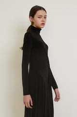 Cotton Midi Dress with Long Sleeves, High Neckline, and Draped Waist Tie for Elegant Fit