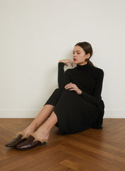 Cotton Midi Dress with Long Sleeves, High Neckline, and Draped Waist Tie for Elegant Fit