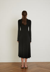 Cotton Midi Dress with Long Sleeves, High Neckline, and Draped Waist Tie for Elegant Fit