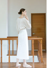 High-Waisted Linen Midi Skirt with Front Slit and Tailored Silhouette for Elegant Styling