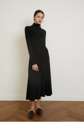 Cotton Midi Dress with Long Sleeves, High Neckline, and Draped Waist Tie for Elegant Fit