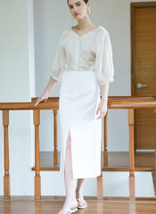 High-Waisted Linen Midi Skirt with Front Slit and Tailored Silhouette for Elegant Styling